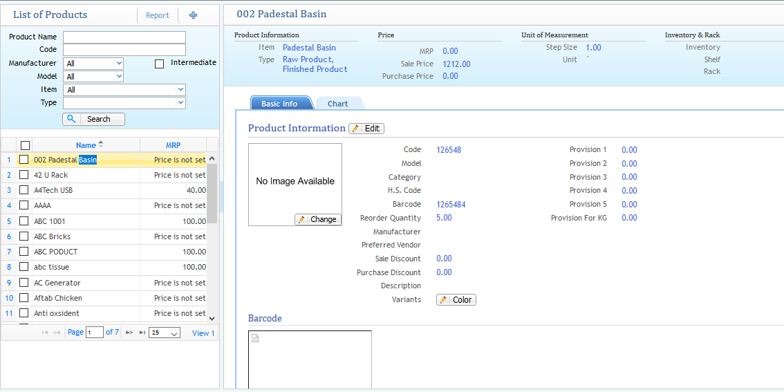 List of Product Page view: Inventory--> List of Products